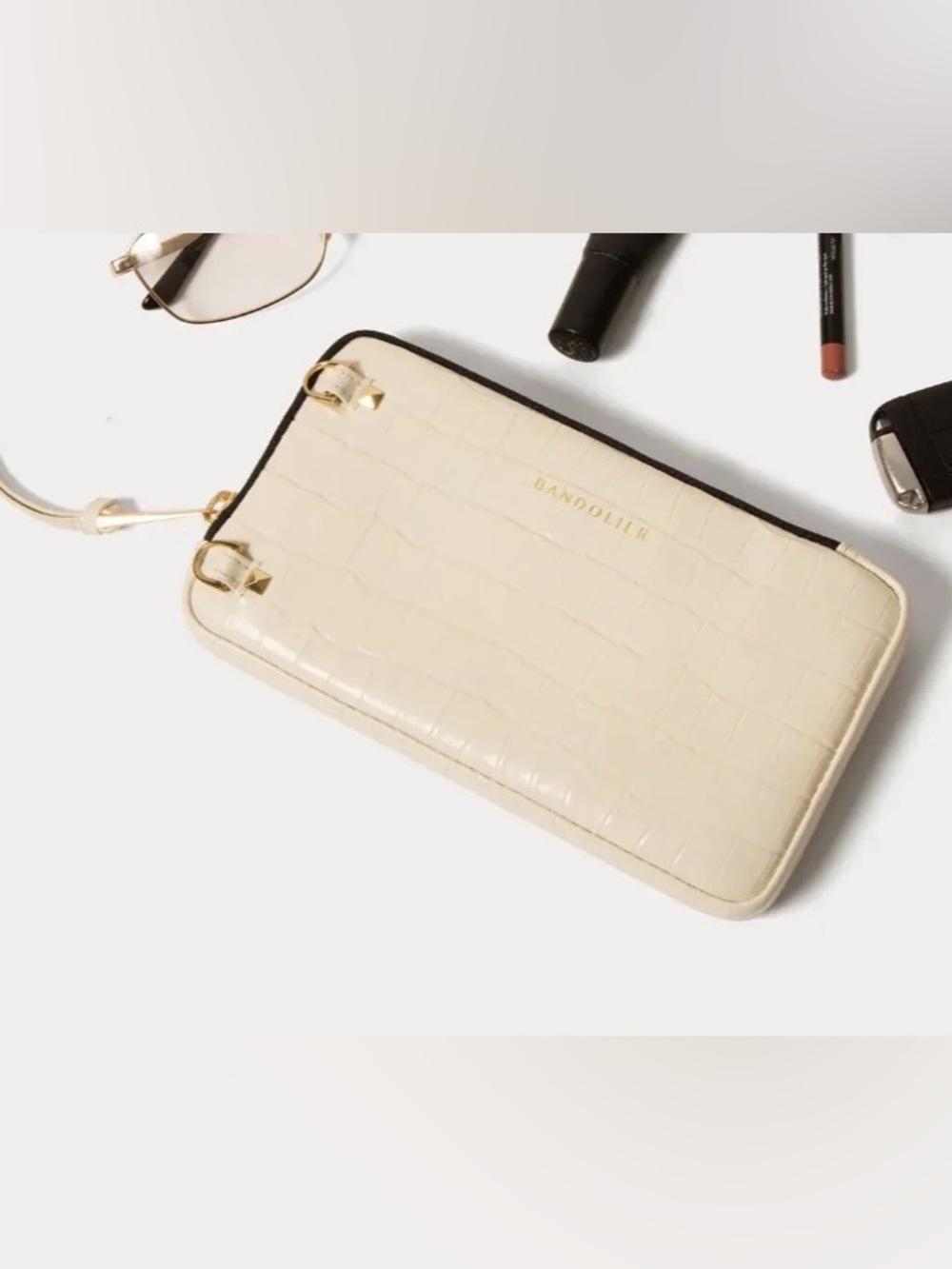 EMBOSSED LEATHER EXPANDED ZIP POUCH IN IVORY CROC/GOLD